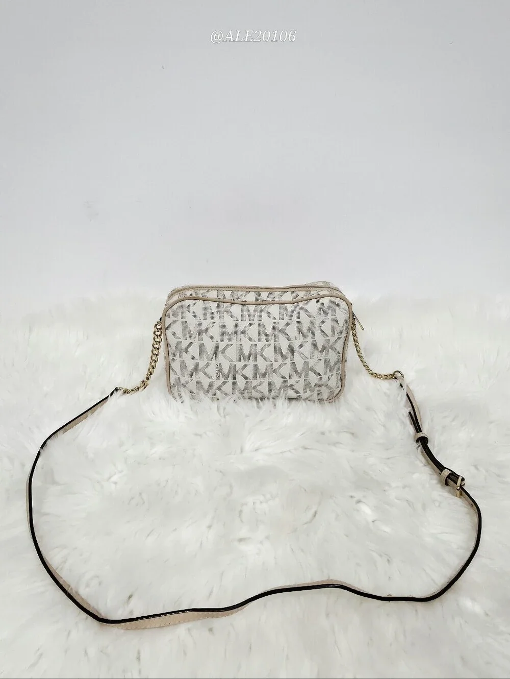 Michael Kors Beige Cream MK Monogram Crossbody Bag Gold Chain Purse